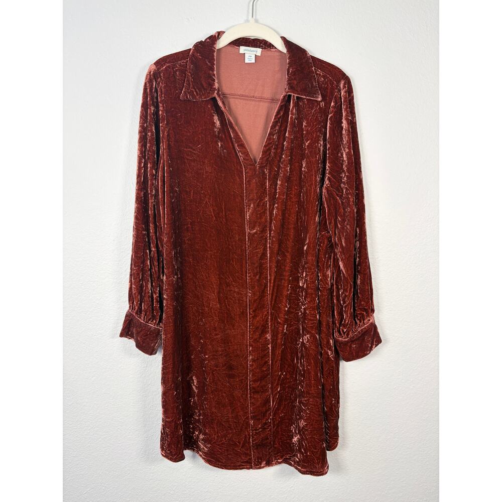 Sundance Rust Boho Velvet V Neck Collared Long Sleeve Hendrix Shirt Dress